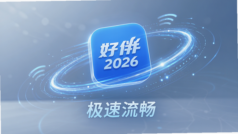 展示“好运相伴2026”轻量特性的视觉图,画面主体为一个轻盈悬浮的蓝色图标,周围环绕着代表速度与安全的光线特效,背景简洁纯净,风格科技感强,细节展现流畅动效,文字“极速流畅”清晰,画质精细,无多余装饰