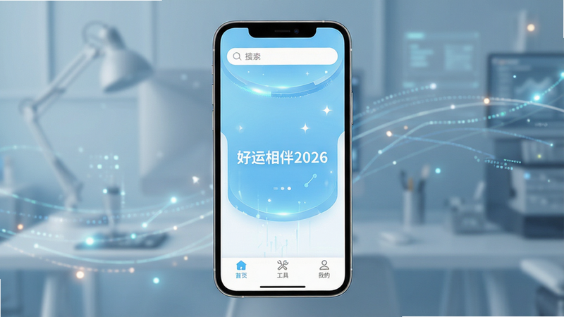 一张展示“好运相伴2026”应用界面的高清概念图,主体为手机屏幕,显示简洁的首页布局,包含“首页”、“工具”、“我的”三个底部导航栏,顶部有搜索框,整体色调为清新的浅蓝色与白色搭配,风格现代简约,细节处体现科技感,画质清晰,无多余元素,文字“好运相伴2026”清晰可见