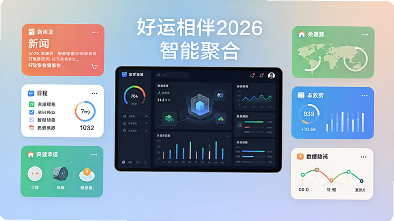 展示“好运相伴2026”信息聚合功能的示意图,屏幕中央显示一个智能仪表盘,周围环绕着分类清晰的信息卡片,如新闻、日程、数据等,背景为柔和的渐变色,风格扁平化,细节丰富,文字“智能聚合”醒目,画质高清,干净无杂乱