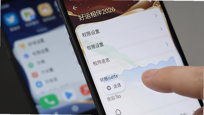 展示“好运相伴2026”在安卓手机上的操作界面,手指正在点击设置按钮,屏幕显示权限管理列表,背景为模糊的应用界面,风格写实,细节清晰,文字“权限设置”可见,画质高清,干净无多余元素