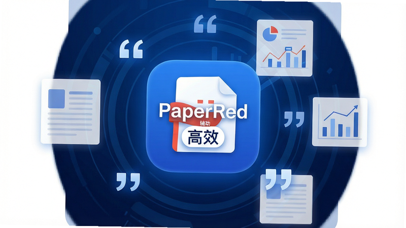 主体:PaperRed论文辅助工具安卓版应用图标及界面预览图。布局:居中展示应用图标,周围环绕着半透明的文献卡片、引号符号、学术图表等元素,背景为深蓝色科技风渐变。排版:简洁大气,图标突出,周围元素呈环形分布,营造专业学术氛围。风格:现代科技感,扁平化设计,色调以蓝白为主,体现严谨与专业。细节:图标清晰,边缘锐利,周围元素带有轻微发光效果,文字标签显示“PaperRed”、“辅助”、“高效”。画质:高清,干净,无多余元素,适合网页展示。