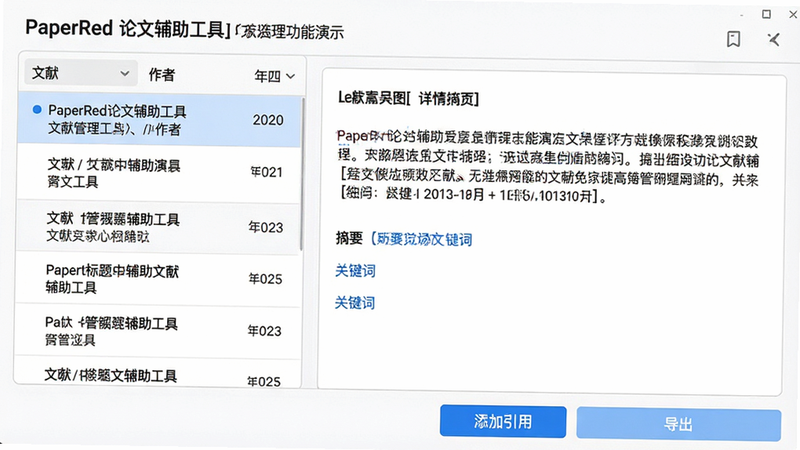 主体:PaperRed论文辅助工具文献管理功能演示界面。布局:左侧为文献列表栏,右侧为文献详情预览区,底部为操作按钮栏。排版:左右分栏结构,左侧列表项清晰,右侧内容排版工整,字体大小适中,行间距舒适。风格:极简主义,白色背景,灰色边框,蓝色高亮选中项。细节:列表中显示文献标题、作者、年份,详情区展示摘要与关键词,底部按钮为“添加引用”、“导出”。画质:清晰,明亮,无杂乱元素,体现高效管理。