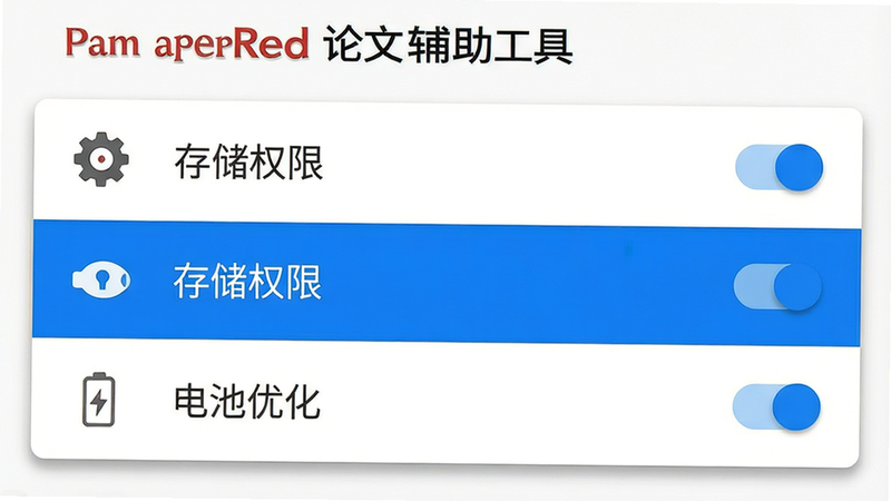 主体:PaperRed论文辅助工具安卓端设置界面特写。布局:居中显示设置列表,高亮显示“存储权限”和“电池优化”选项。排版:列表项清晰,右侧显示开关状态,左侧为图标和文字。风格:扁平化,白色背景,蓝色选中条,灰色未选中文字。细节:开关为蓝色开启状态,背景有轻微阴影效果,突出设置的重要性。画质:高清,清晰,无多余元素,适合教程插图。