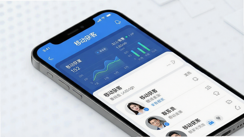 一张展示“移动获客”APP核心界面的概念图,主体为智能手机屏幕,屏幕上显示着数据仪表盘和联系人列表,布局清晰直观,采用扁平化设计风格,色彩以蓝色和白色为主,细节处包含“移动获客”字样,画质高清,干净无多余元素