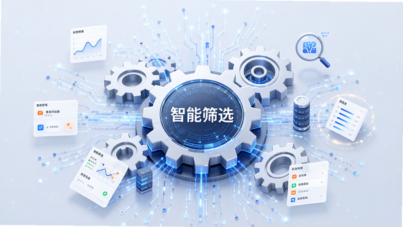 “移动获客”APP的功能模块示意图,主体为齿轮与数据流交织的视觉元素,布局呈中心放射状,排版简洁现代,风格科技感强,细节展示数据筛选过程,文字“智能筛选”清晰可见,画质纯净,无杂乱背景
