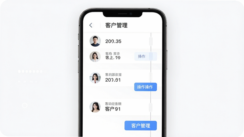 “移动获客”APP的客户管理界面预览,主体为时间轴形式的客户跟进记录,布局纵向排列,排版整齐有序,风格商务简约,细节包含头像、时间戳和操作按钮,文字“客户管理”醒目,画质清晰,背景干净