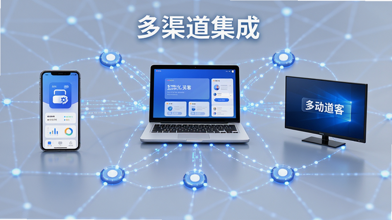“移动获客”APP的多渠道营销示意图,主体为手机、电脑和电视屏幕互联的图形,布局呈网络状,排版平衡对称,风格现代科技,细节展示数据流动和连接点,文字“多渠道集成”清晰,画质高,无多余装饰
