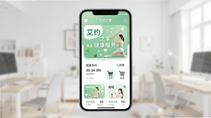 主体为艾约之家App的手机界面展示图,布局采用中心对称,屏幕显示首页健康资讯与商城入口,排版清晰有序,风格为现代简约科技风,细节处可见柔和的绿色主色调与白色背景搭配,文字清晰显示“艾约之家”与“健康服务”,画质高清,干净,无多余元素