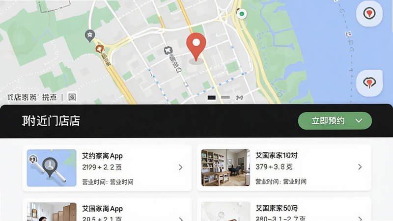 主体为艾约之家App的门店预约界面,布局为地图与列表结合,上方显示地图定位标记,下方为门店列表,排版紧凑清晰,风格为实用主义,细节包含距离、营业时间等信息,文字显示“附近门店”与“立即预约”,画质高清,干净,无多余元素
