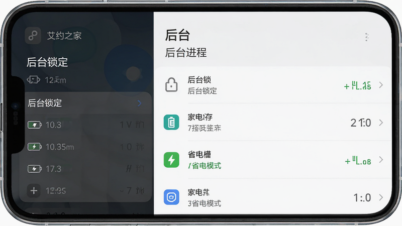 主体为艾约之家App的后台运行状态示意图,布局为手机侧边栏显示,屏幕显示后台进程列表,排版简洁,风格为系统设置风,细节处可见内存占用与电池消耗图标,文字显示“后台锁定”与“省电模式”,画质高清,干净,无多余元素