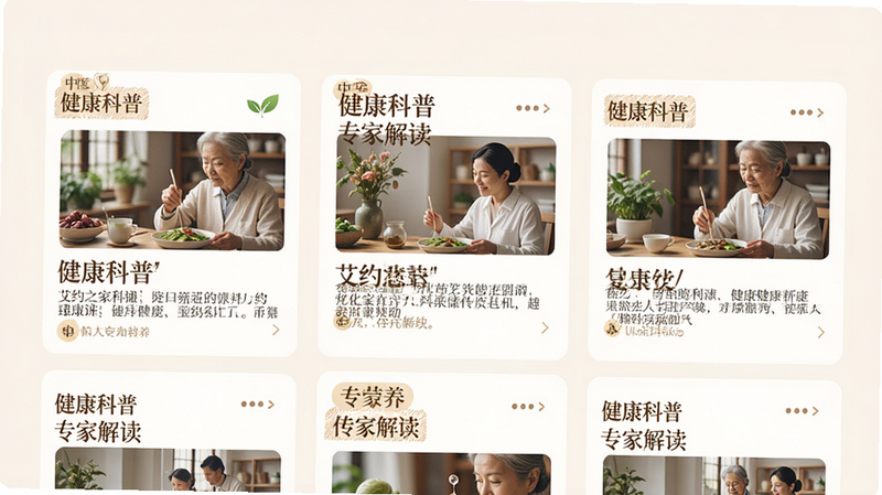 主体为艾约之家App的健康科普文章列表页,布局为卡片式设计,每张卡片包含标题、摘要与配图,排版美观大方,风格为温馨教育风,细节处可见中医、营养等分类标签,文字显示“健康科普”与“专家解读”,画质高清,干净,无多余元素