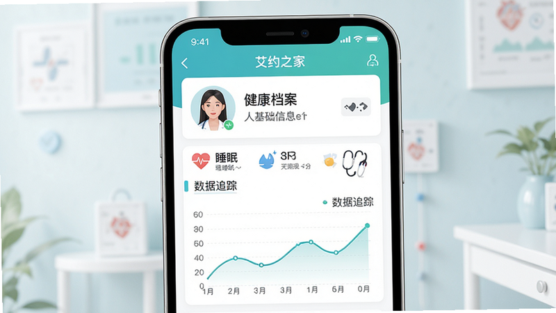 主体为艾约之家App内的个人健康档案页面,布局为上下结构,上方显示用户头像与基础信息,下方为数据图表,排版工整,风格为清新医疗风,细节包含心率、睡眠等图标,文字显示“健康档案”与“数据追踪”,画质高清,干净,无多余元素