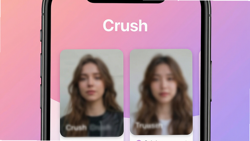 一张高清手机屏幕截图,主体是Crush应用的主界面,布局为卡片式滑动设计,顶部显示“Crush”Logo,中间是两张模糊处理的人物照片卡片,背景为柔和的粉紫色渐变,风格现代简约,细节清晰,画质4k,干净,无多余元素,文字“Crush”清晰可见