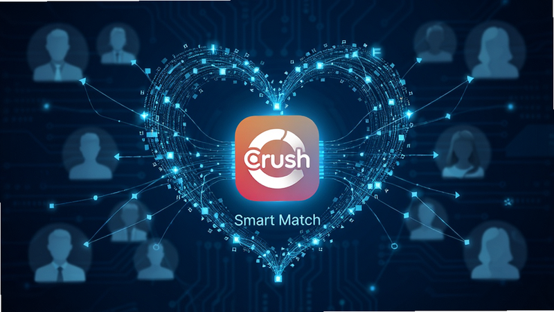 概念图,展示一个由数据流构成的爱心形状,核心是Crush应用的图标,周围环绕着模糊的人像剪影和连接线条,象征智能匹配,背景为深蓝色科技感,风格极简,细节丰富,画质高清,文字“Smart Match”
