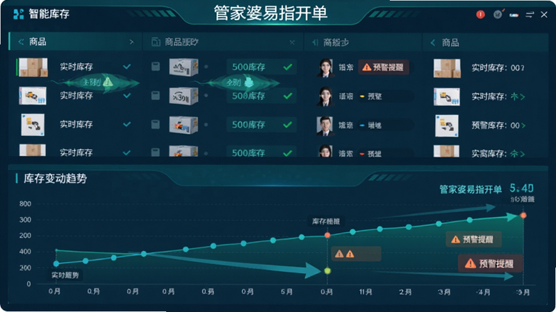 主体为管家婆易指开单智能版库存管理功能示意图,布局分为上下两部分,上部为商品列表,下部为库存变动趋势图,排版整齐,风格为科技蓝绿色调,细节展示库存数量增减动画效果及预警图标,文字包含