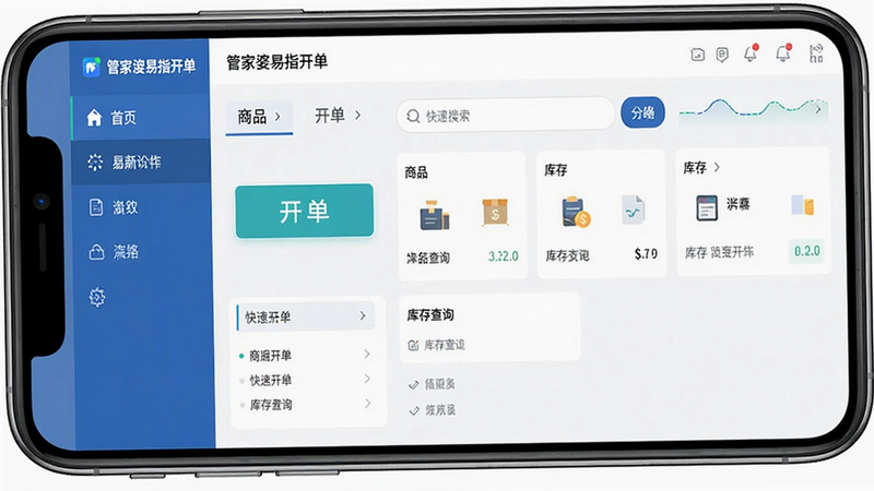 主体为管家婆易指开单智能版手机应用界面全景图,布局采用左侧导航栏与右侧主操作区结合,排版清晰简洁,风格为现代商务扁平化,细节展示开单按钮、商品搜索框及库存数据卡片,文字包含