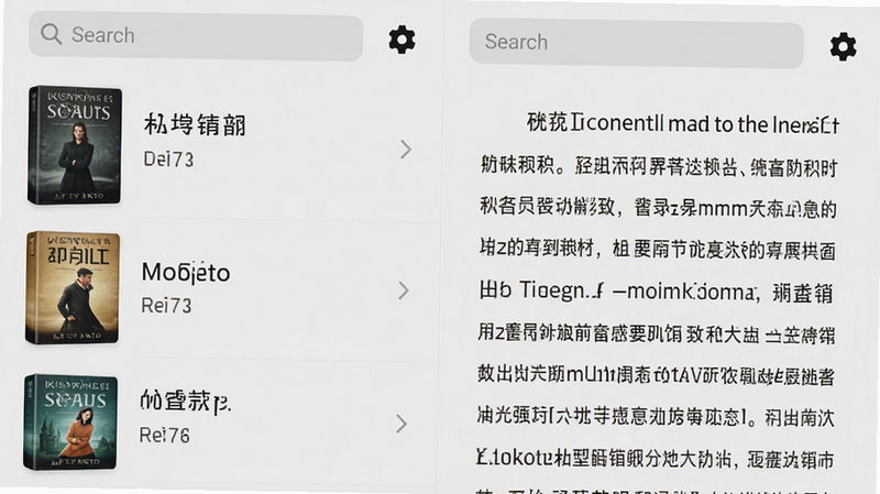 手机应用界面截图,左侧为书籍列表,右侧为阅读页面,背景浅灰,文字黑色,字体清晰,布局整齐,顶部有搜索栏和设置图标,整体风格简约、现代、无广告,高保真,细节丰富