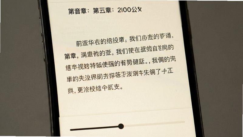 手机屏幕特写,显示书籍正文,字体为宋体,行距适中,背景米黄色,顶部显示章节标题,底部有进度条,界面简洁,无弹窗,清晰度高,真实感强