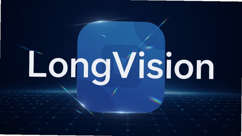主体为 LongVision 软件图标居中悬浮,背景是深蓝色科技渐变网格,布局采用中心对称式排版,风格为现代极简主义,细节处有光线折射效果,文字“LongVision”以白色无衬线字体清晰展示,画质4k,干净,无多余元素
