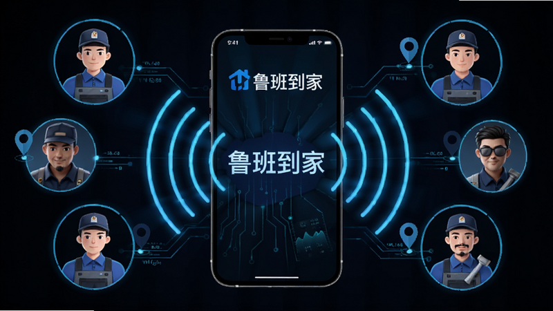 主体为鲁班到家匹配过程示意图,布局为中央手机屏幕发出信号波,周围环绕不同方向的师傅头像与定位标记,风格科技感线条图,细节显示数据流动效果,文字包含