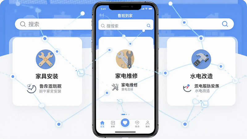 主体为鲁班到家APP界面全景图,布局采用简洁的卡片式设计,顶部显示搜索栏,中部展示“家具安装”、“家电维修”、“水电改造”等核心服务图标,底部为导航栏,风格为扁平化商务风,细节处体现连接感与服务感,文字包含