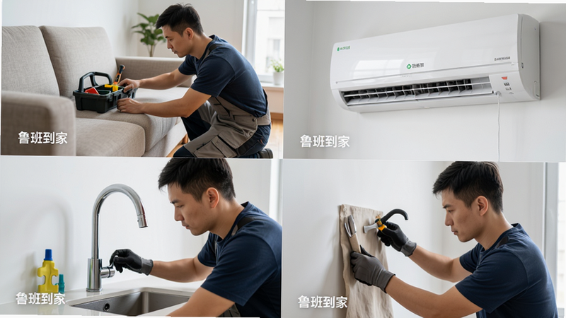 主体为鲁班到家服务场景拼图,布局为四宫格,分别展示师傅安装沙发、清洗空调、更换水龙头、修补墙面四个场景,风格写实摄影风,细节突出师傅的专业工具与专注神情,文字包含