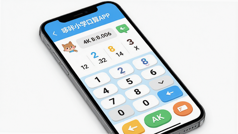 一张展示哆咔小学口算APP主界面的高清UI设计图,主体为手机屏幕,背景简洁白色,布局清晰,顶部显示标题,中部为数字键盘与题目区域,底部为功能按钮,风格扁平化卡通,色彩清新明亮,细节精致,画质4k,干净无多余元素