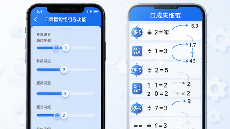 哆咔小学口算智能组卷功能示意图,手机界面展示题目生成过程,左侧为参数设置滑块,右侧为生成的数学题目列表,布局左右分栏,风格科技感与教育感结合,蓝色主色调,细节显示算法逻辑图标,画质高清,干净无多余元素