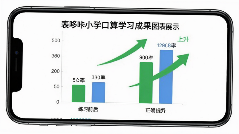 哆咔小学口算学习成果图表展示,手机屏幕显示柱状图对比练习前后的正确率提升,布局为居中图表,风格简约商务,绿色箭头表示上升趋势,细节包含数据标签,画质高清,干净无多余元素