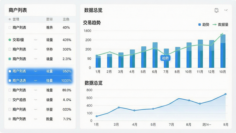 主体为数据仪表盘界面,布局为左右分栏,左侧为商户列表,右侧为数据图表,排版规整,风格为专业数据分析风,细节包含柱状图展示交易量、折线图展示趋势、列表项高亮当前选中商户,画质高清,干净,无多余元素,文字为