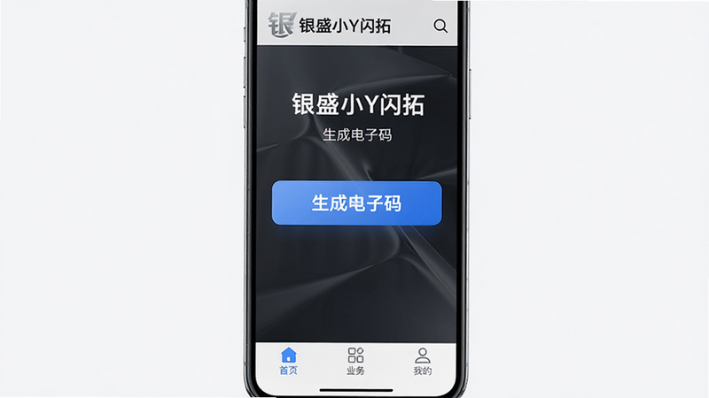 主体为银盛小Y闪拓APP的手机界面展示图,布局采用竖屏全屏模式,排版清晰整洁,风格为现代简约商务风,细节包含顶部银盛品牌Logo、中部醒目的“生成电子码”大按钮、底部导航栏包含首页、业务、我的三个图标,画质高清,干净,无多余元素,界面中文字为