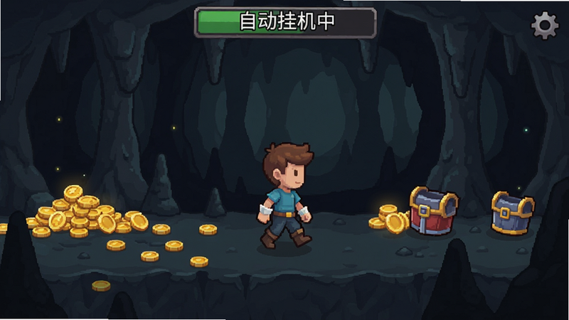角色在洞穴中自动行走,周围散落金币与装备,屏幕上方显示“自动挂机中”状态栏,背景为幽暗洞穴,风格为游戏场景截图,布局整洁,画质干净