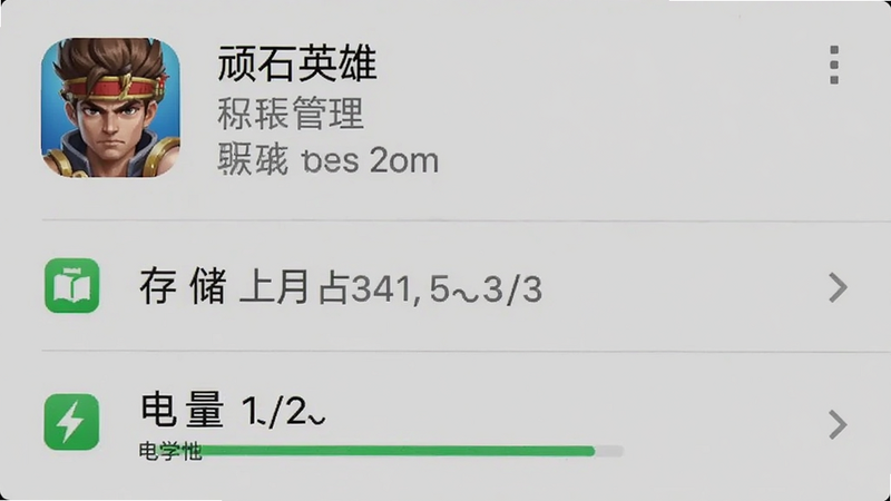 手机设置界面截图,显示《顽石英雄》应用信息,包含权限管理、存储占用、电池使用情况,风格为系统UI截图,界面整洁,文字清晰