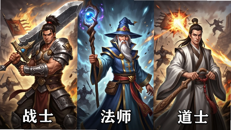三个职业角色并排站立,左侧战士持巨剑,中间法师持法杖,右侧道士持桃木剑,背景为战斗特效,文字标注“战士”“法师”“道士”,风格为游戏角色立绘,细节丰富,画质高清