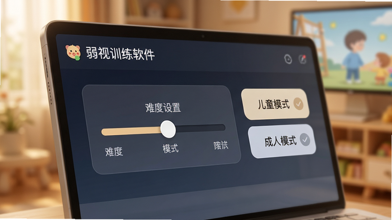 展示“弱视训练软件”个性化设置界面的特写,屏幕中央是一个滑杆式难度调节器,旁边有“儿童模式”和“成人模式”的选项卡片,背景模糊处理突出屏幕内容,色调温馨柔和,体现科技与人性的结合,高清细节