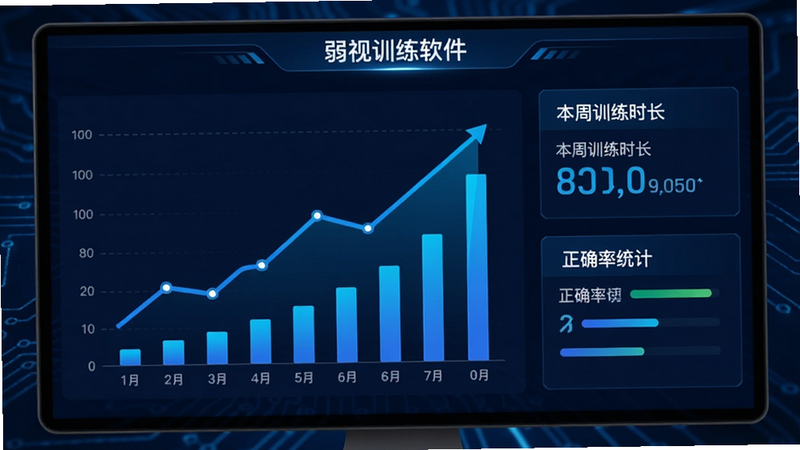 “弱视训练软件”的数据仪表盘界面,屏幕显示着上升的蓝色折线图和柱状图,代表视力提升趋势,旁边有“本周训练时长”和“正确率统计”的文字标签,背景为深蓝色科技风,数据清晰可见,专业且直观