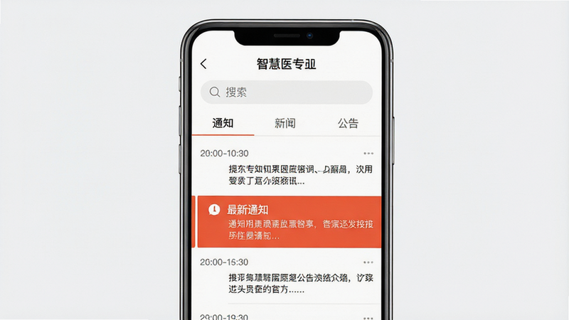 һ���ƶ���UI���ͼ��չʾ���ǻ�ҽרAPP������Ϣ���Ľ��棬����Ϊ���������·�Ϊ�����ǩ��֪ͨ���������š��������桱���б������ʱ�����ժҪ��������ʾ����֪ͨ���������ף����ֲ㼶���������רҵ�Ͻ���ϸ�ڹ淶�����ʸ��壬�ɾ����޶���Ԫ��