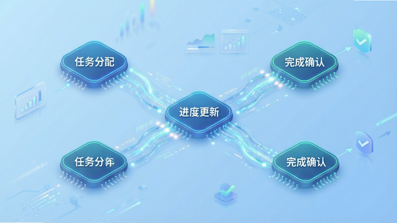一张展示团队协作流程的概念图,主体为一个由多个节点连接而成的流程图,节点上标注着“任务分配”、“进度更新”、“完成确认”等字样,背景为浅蓝色渐变,风格科技感强,布局清晰有序,细节展示数据流动的光效,画质高清,干净无杂乱元素