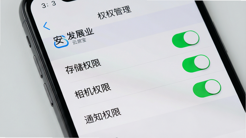一张手机设置界面的特写图,主体为“安发展业云宝”的权限管理页面,高亮显示“存储权限”、“相机权限”和“通知权限”三个选项,背景为浅灰色,风格清晰直观,细节展示开关状态,画质高清,干净无杂乱元素