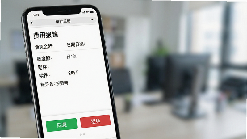 一张移动端审批界面截图,主体为手机屏幕,显示一个“费用报销”审批单据,包含金额、日期、附件等信息,底部有绿色的“同意”和红色的“拒绝”按钮,背景虚化处理,突出前景操作,风格商务简洁,细节清晰,画质高,无多余干扰元素
