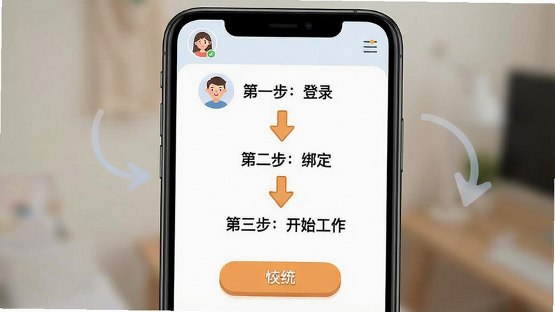 一张新手引导界面的示意图,主体为手机屏幕,显示分步骤的操作指引,包含“第一步:登录”、“第二步:绑定”、“第三步:开始工作”等文字,箭头指示清晰,风格友好亲切,细节展示用户头像与按钮,画质高,无多余装饰