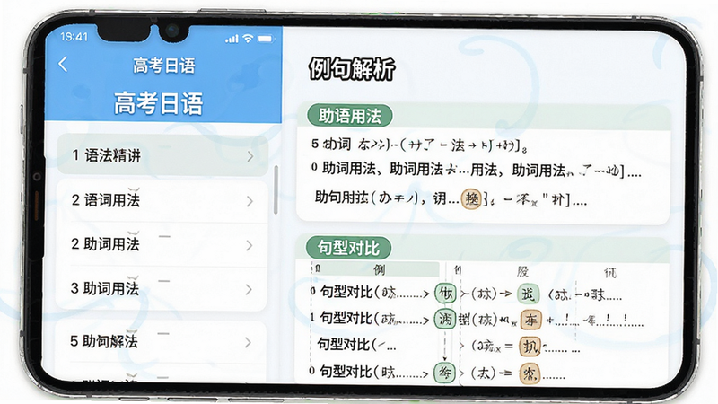 主体为“高考日语”APP内的语法学习界面,布局采用左右分栏,左侧为语法点列表,右侧为详细解析与例句展示,风格为清新教育风,细节突出“助词用法”、“句型对比”等模块,画质清晰,干净,无多余元素,文字内容包含