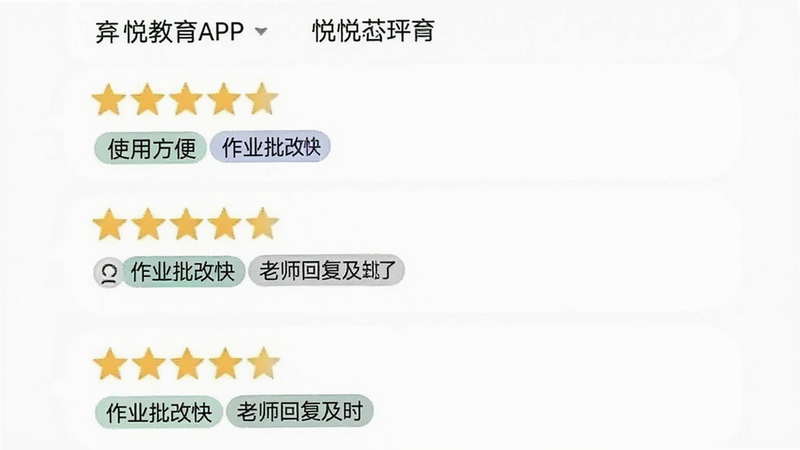 һ��չʾ�ý���APP�û����۽���Ľ�ͼ����ʾ�������Ǻ�����������ʹ�÷��㡱������ҵ���Ŀ족������ʦ�ظ���ʱ���ȱ�ǩ������Ϊ��ɫ������࣬�����������޶���Ԫ��
