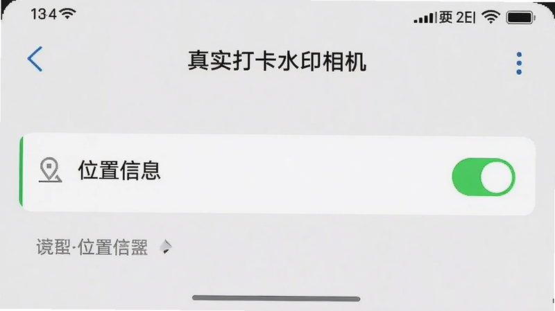 手机设置界面截图,显示“真实打卡水印相机”的权限管理页面,突出显示“位置信息”权限被开启的状态,界面清晰,风格现代
