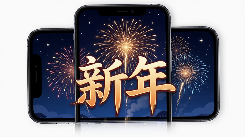 主体为手机屏幕,布局显示烟花在夜空绽放,前景有“新年”字样,排版温馨,风格为节日插画风,细节精致,画质高清,干净,无多余元素