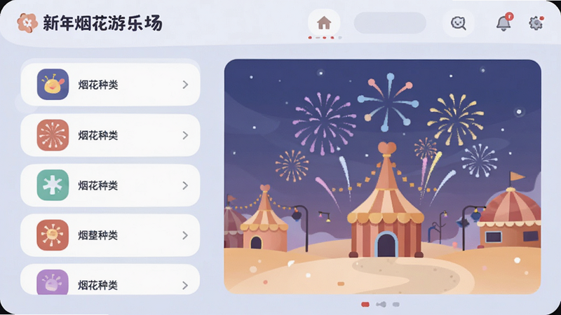 主体为“新年烟花游乐场”的操作界面,布局左侧为烟花种类列表,右侧为预览区域,排版清晰,风格为扁平化设计,细节柔和,画质清晰,干净,无多余元素