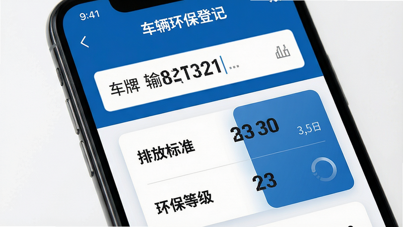 主体为手机界面特写,展示“车辆环保登记”APP的查询结果页面。布局分为上下两部分,上部为车牌号输入框,下部为详细数据卡片。排版清晰,数据项如“排放标准”、“环保等级”分行显示。风格简洁商务,蓝色为主色调,强调信息的专业性与准确性。细节处有加载动画的定格效果,字体加粗突出关键数据。画质高清,无背景杂色,文字无遮挡,整体布局平衡协调。