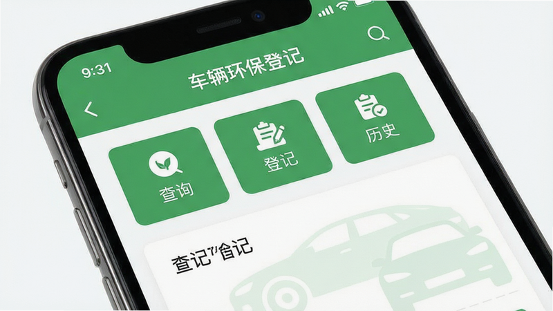 主体为一张高清手机屏幕截图,显示“车辆环保登记”应用的主界面。布局采用顶部导航栏加中间列表卡片的设计,排版整洁有序。风格为现代扁平化UI设计,色调以清新的环保绿和白色为主。细节处包含“查询”、“登记”、“历史记录”等图标按钮,背景有淡淡的汽车轮廓水印。画质清晰,无多余装饰元素,文字清晰可读,整体视觉干净专业。