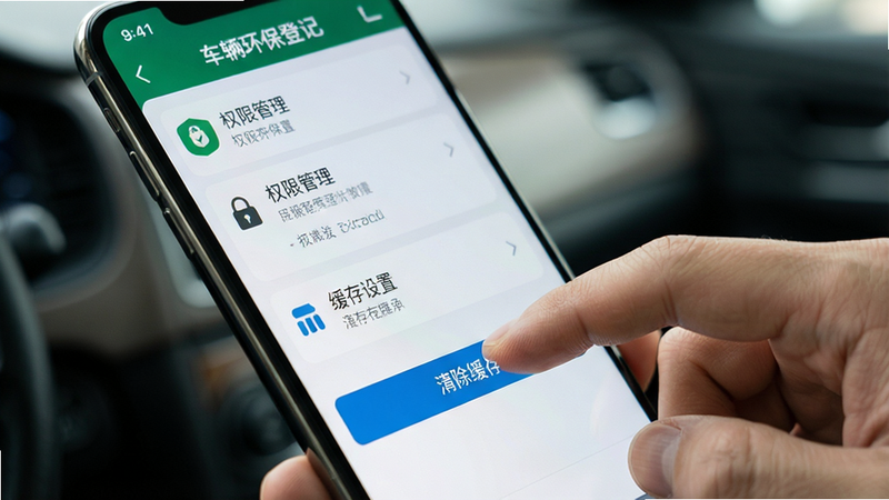 主体为一只手拿着智能手机,屏幕显示“车辆环保登记”APP的设置界面。布局聚焦于“权限管理”和“缓存设置”选项。排版紧凑,图标清晰。风格为写实摄影风格,光线柔和,突出屏幕内容。细节处可见手指正在点击“清除缓存”按钮,背景虚化处理,突出主体。画质高,色彩还原自然,无噪点,整体氛围专业且实用。