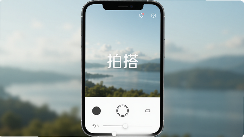 手机屏幕中央显示“拍搭”应用界面,背景为模糊的户外风景,界面下方有简洁的拍摄按钮和参数滑块,整体风格现代简约,高清写实,无多余元素